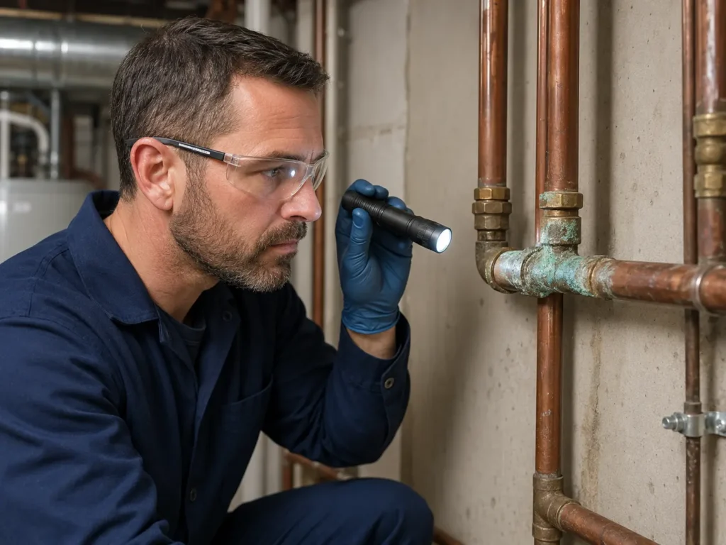 Plumber inspecting a corroded water pipe in Rome, GA