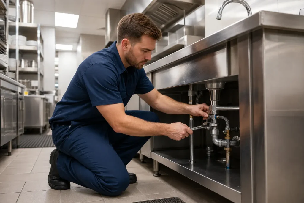 Commercial plumber repairing a restaurant plumbing system in Rome, GA