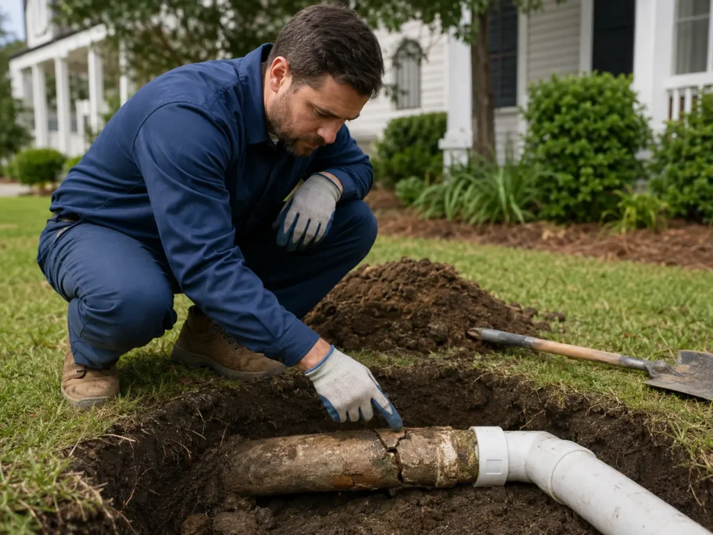 Plumber inspecting a damaged sewer line in Rome, GA