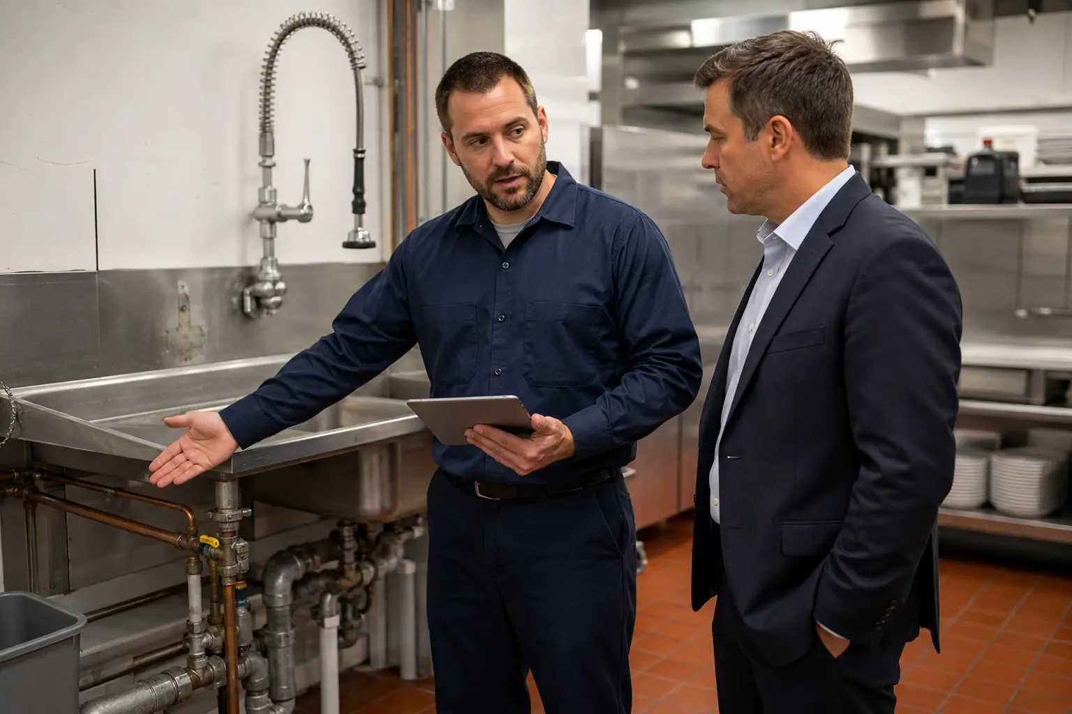 Commercial plumber explaining plumbing repairs to a business owner in Rome, GA