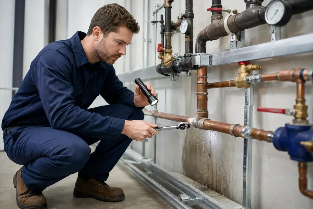 Commercial plumber inspecting a leaking pipe in Rome, GA