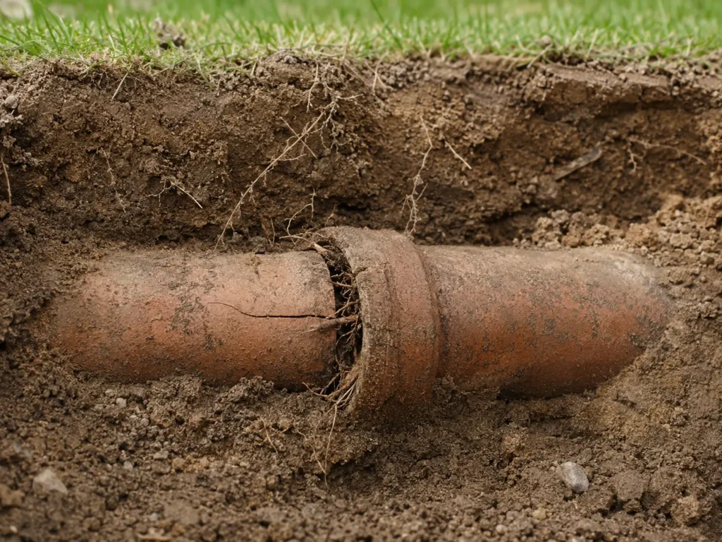 Cracked sewer pipe with tree-root intrusion