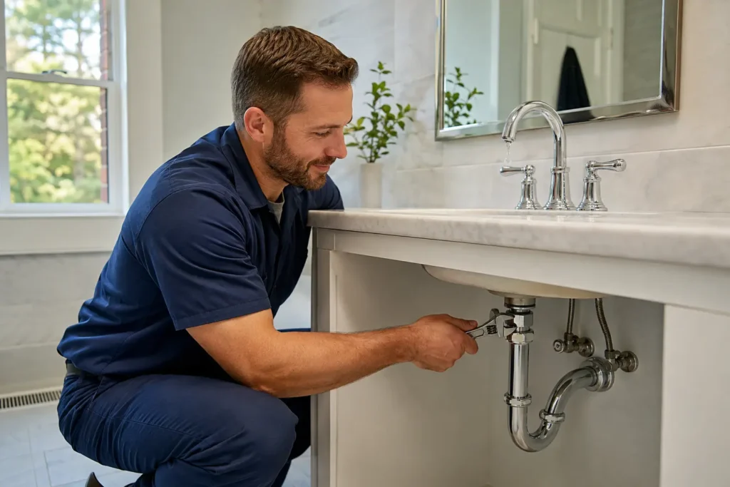 Plumber repairing a bathroom sink fixture in Rome, GA