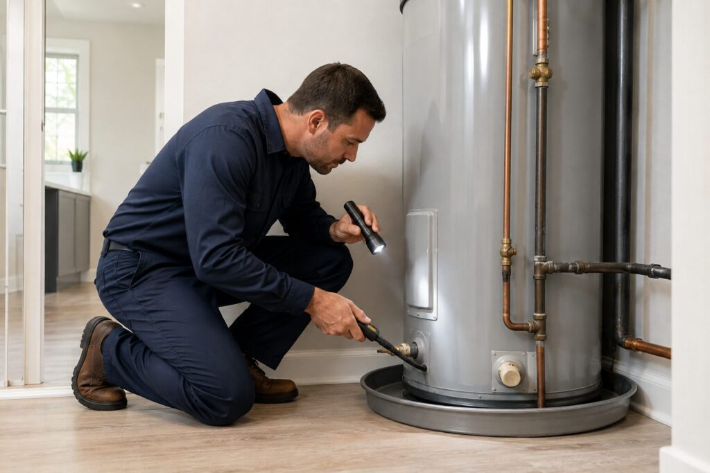 Plumber inspecting a leaking water heater in Rome, GA