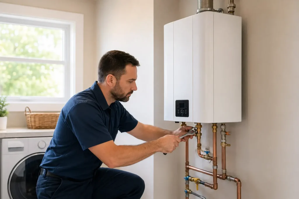 Plumber installing a tankless water heater in Rome, GA