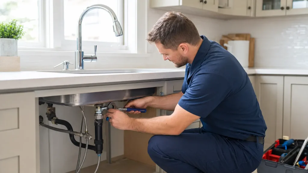 Plumber repairing a kitchen faucet in Rome, GA
