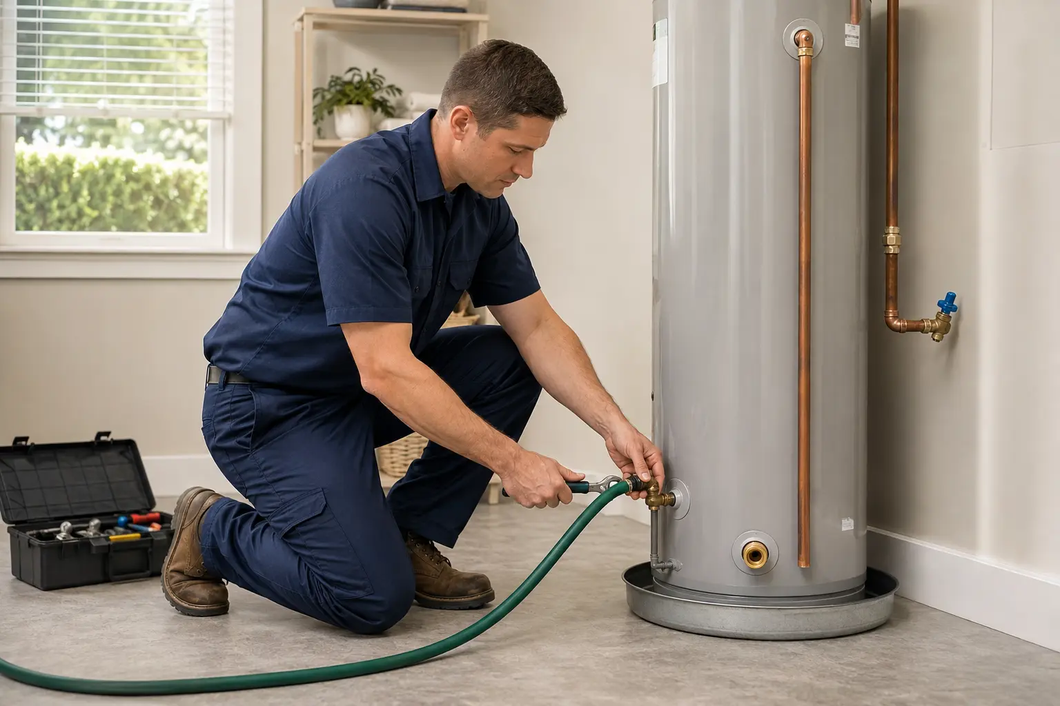 Plumber performing water heater maintenance in Rome, GA