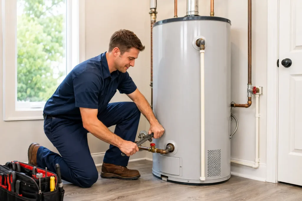 Plumber repairing a residential water heater in Rome, GA